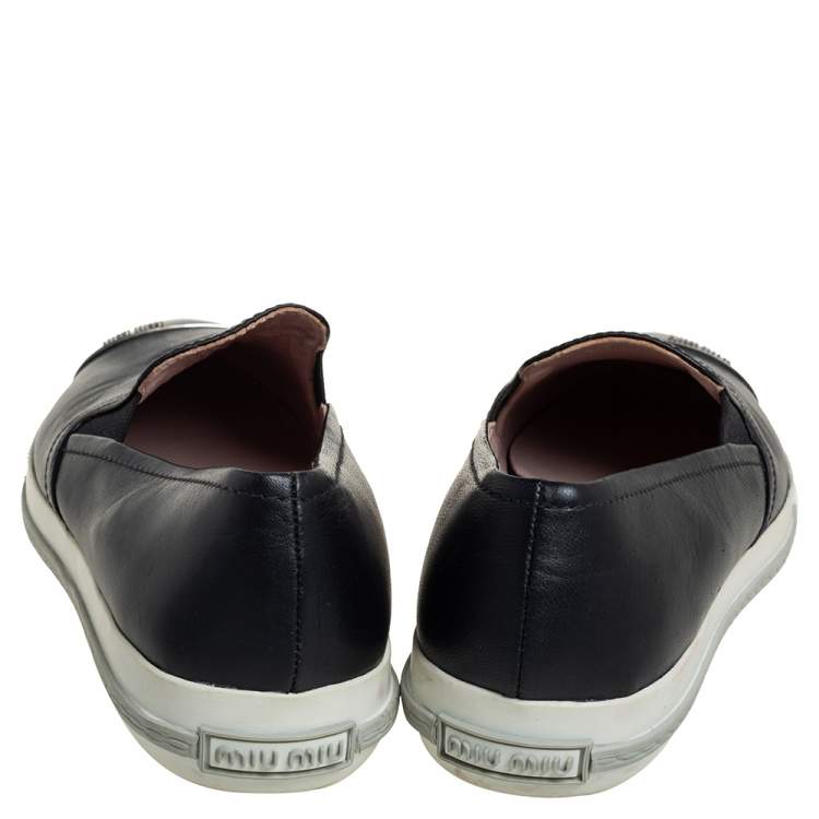 Pre Owned Miu Miu Black Leather Metal Cap Toe Slip On Sneakers Size 38.5 
