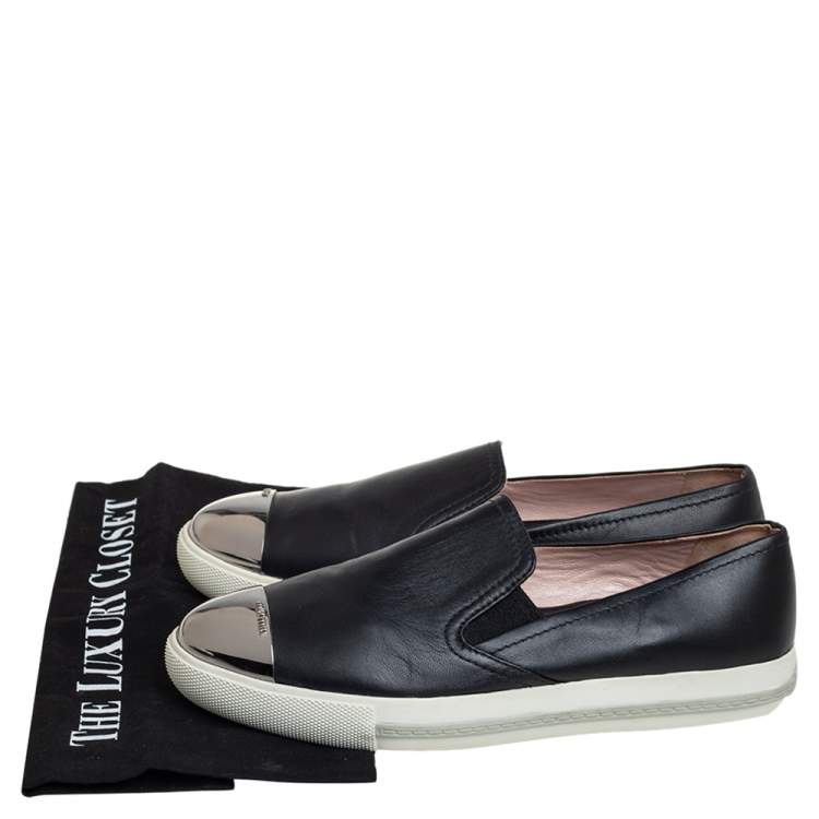 Pre Owned Miu Miu Black Leather Metal Cap Toe Slip On Sneakers Size 38.5 