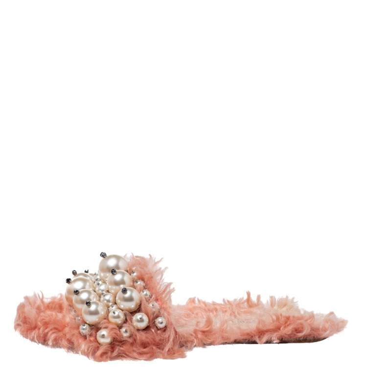 Pre Owned Miu Miu Pink Shearling Pearl Flat Sandals Size 36.5