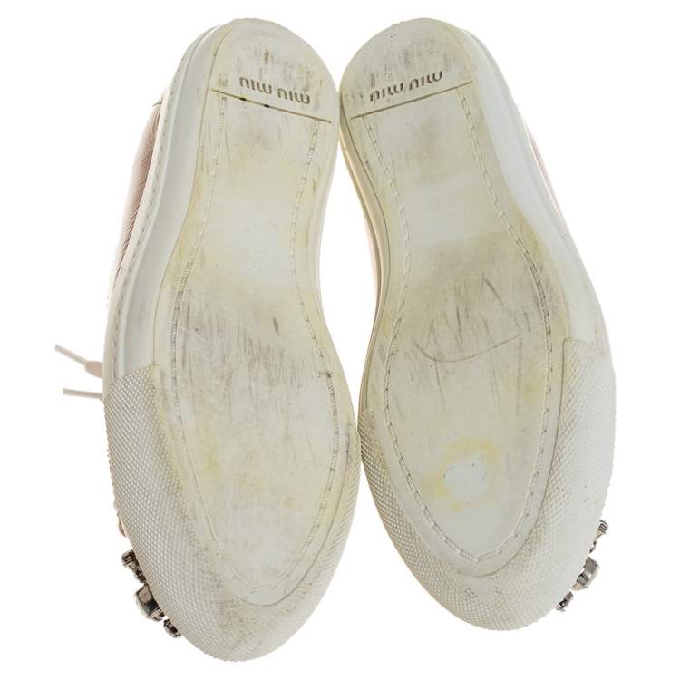 Pre Owned Miu Miu Beige Patent Leather Crystal Embellished Low Top Sneakers Size 39