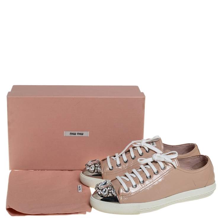 Pre Owned Miu Miu Beige Patent Leather Crystal Embellished Low Top Sneakers Size 39