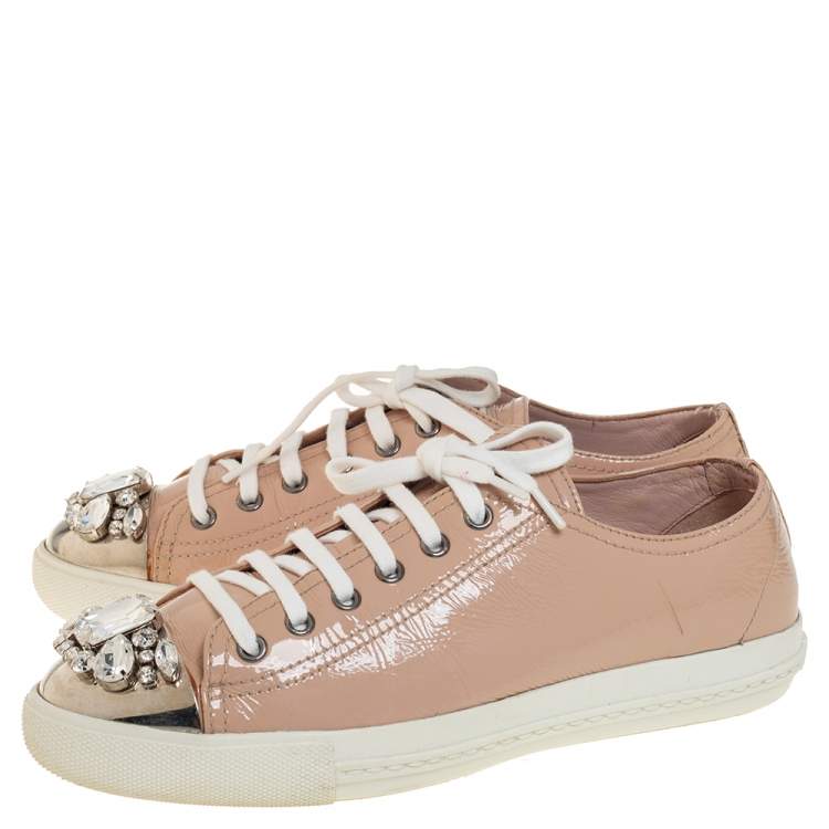 Pre Owned Miu Miu Beige Patent Leather Crystal Embellished Low Top Sneakers Size 39
