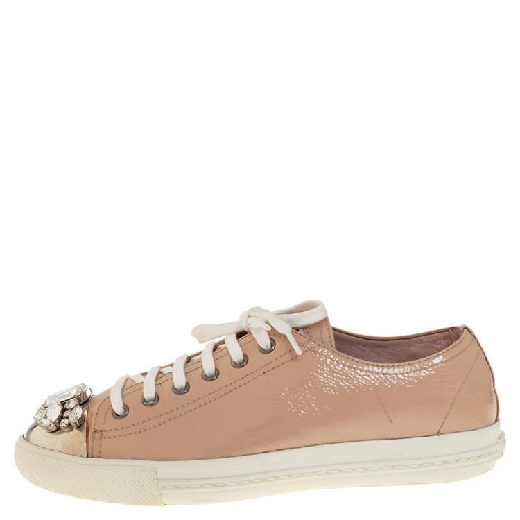 Pre Owned Miu Miu Beige Patent Leather Crystal Embellished Low Top Sneakers Size 39
