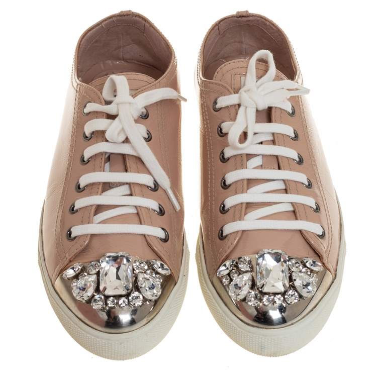 Pre Owned Miu Miu Beige Patent Leather Crystal Embellished Low Top Sneakers Size 39