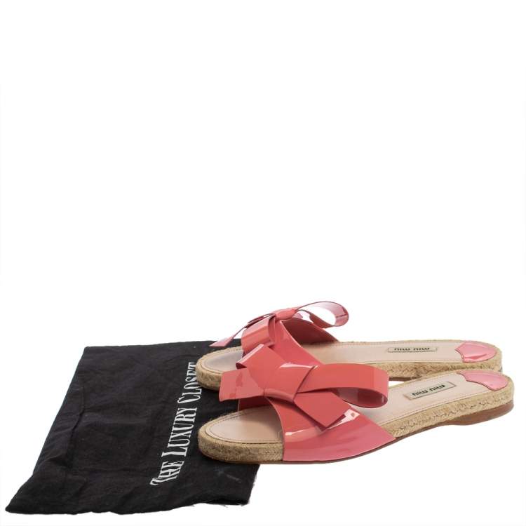 Pre Owned Miu Miu Pink Patent Leather Bow Espadrille Slide Flats Size 39