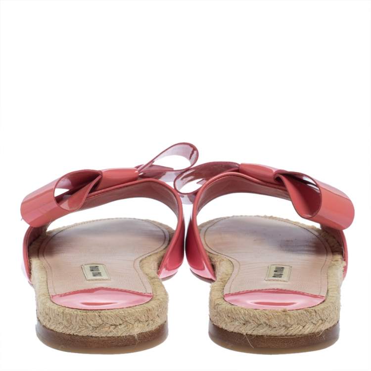 Pre Owned Miu Miu Pink Patent Leather Bow Espadrille Slide Flats Size 39