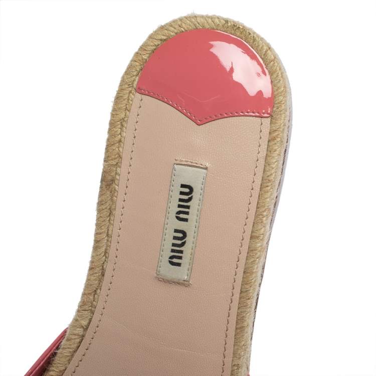 Pre Owned Miu Miu Pink Patent Leather Bow Espadrille Slide Flats Size 39