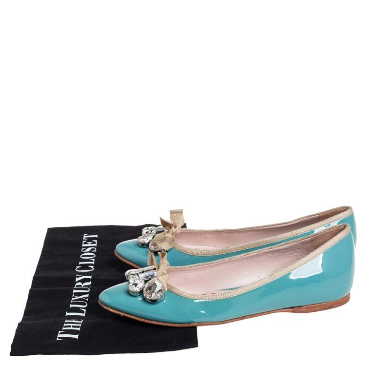 Pre Owned Miu Miu  Blue Patent Leather Embellished Ballet Flats Size 36.5