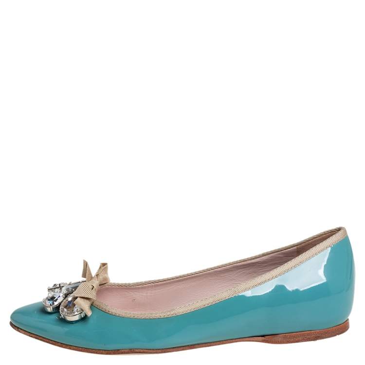 Miu Miu Women's 36.5 Blue Green Leather Embellished Ballet Flats Bow Shoes