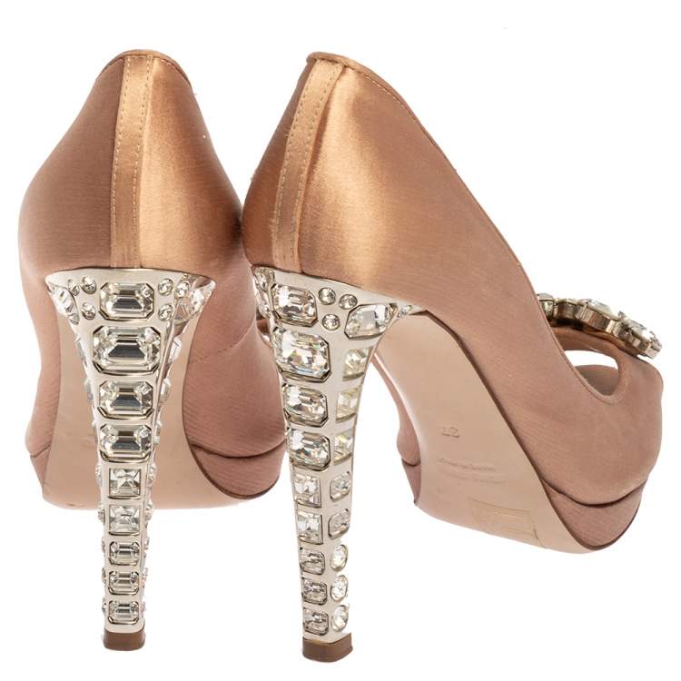 Pre Owned Miu Miu Pink Satin Crystal Embellished Heel Peep Toe Platform Pumps Size 37