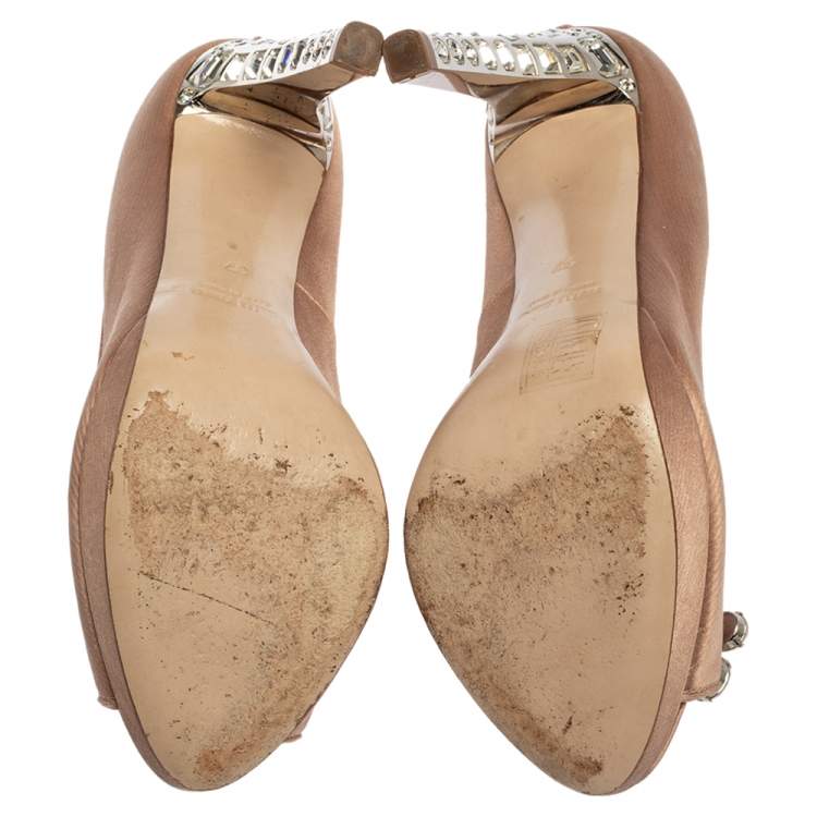 Pre Owned Miu Miu Pink Satin Crystal Embellished Heel Peep Toe Platform Pumps Size 37
