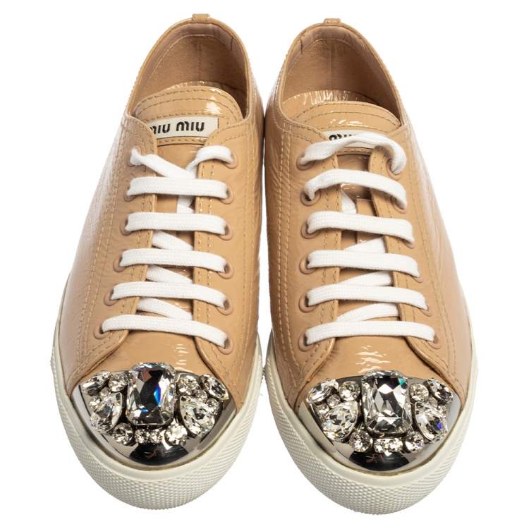 Pre Owned Miu Miu Beige Patent Leather Crystal Embellished Cap Toe Sneakers Size 37.5