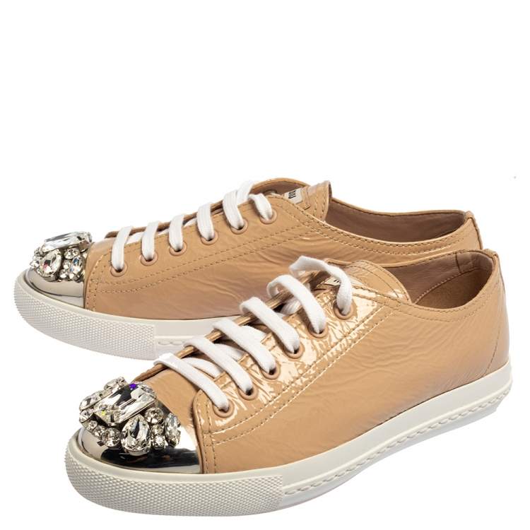 Pre Owned Miu Miu Beige Patent Leather Crystal Embellished Cap Toe Sneakers Size 37.5