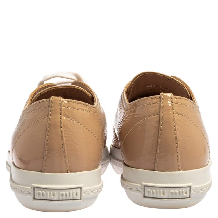 Pre Owned Miu Miu Beige Patent Leather Crystal Embellished Cap Toe Sneakers Size 37.5