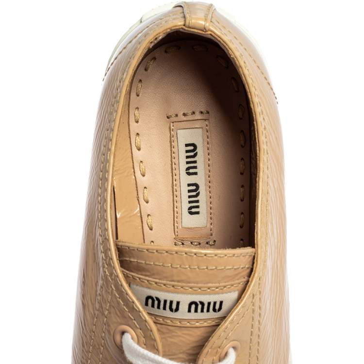 Pre Owned Miu Miu Beige Patent Leather Crystal Embellished Cap Toe Sneakers Size 37.5