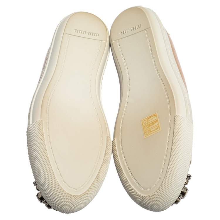 Pre Owned Miu Miu Beige Patent Leather Crystal Embellished Cap Toe Sneakers Size 37.5