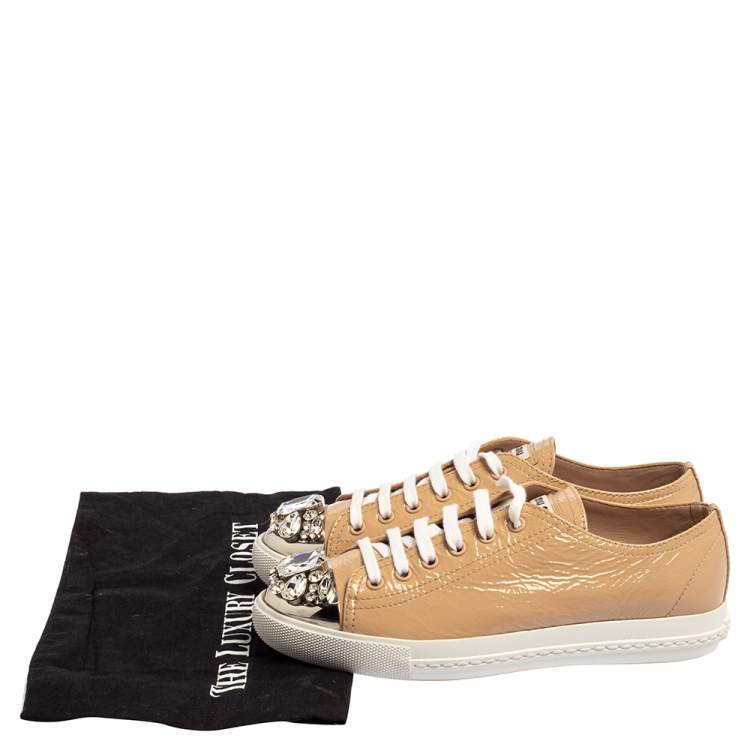 Pre Owned Miu Miu Beige Patent Leather Crystal Embellished Cap Toe Sneakers Size 37.5