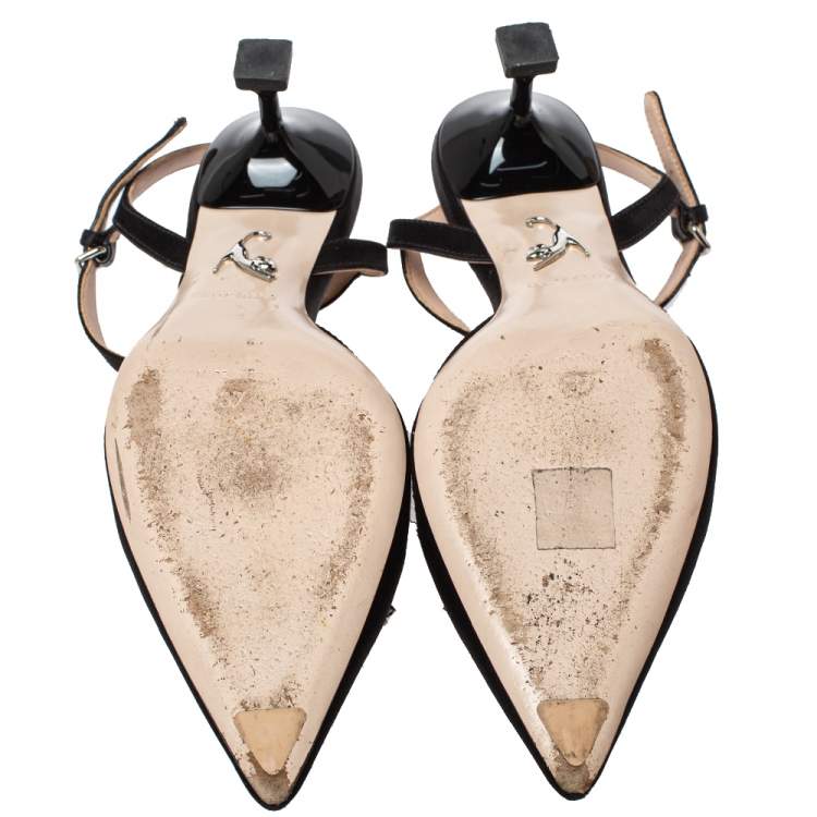 مملوكة مسبقًا Miu Miu Black Satin Crystal Embellished Kitten Heel Ankle Strap Sandals Size 37