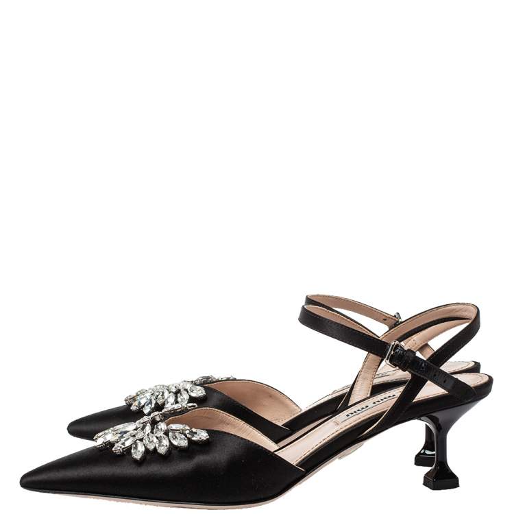 مملوكة مسبقًا Miu Miu Black Satin Crystal Embellished Kitten Heel Ankle Strap Sandals Size 37