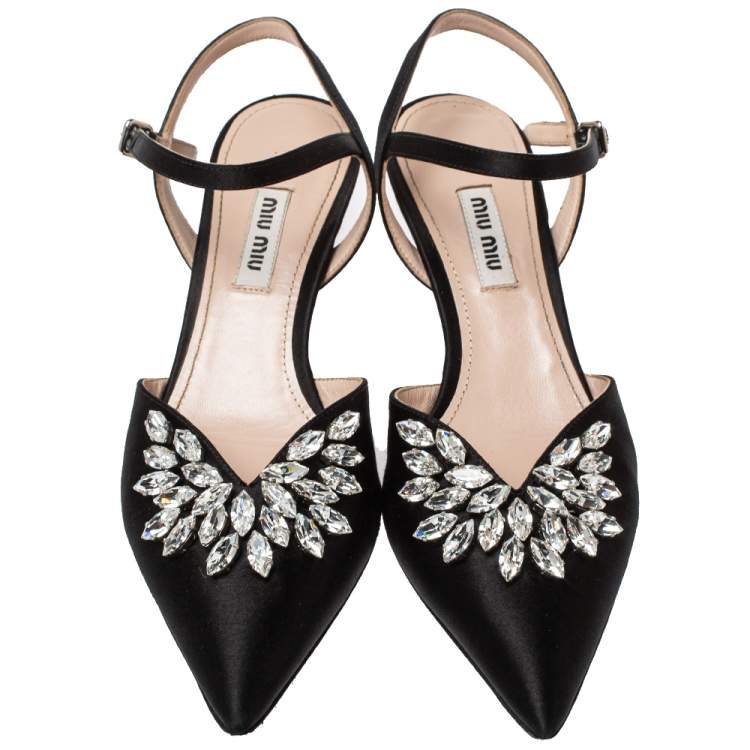 مملوكة مسبقًا Miu Miu Black Satin Crystal Embellished Kitten Heel Ankle Strap Sandals Size 37