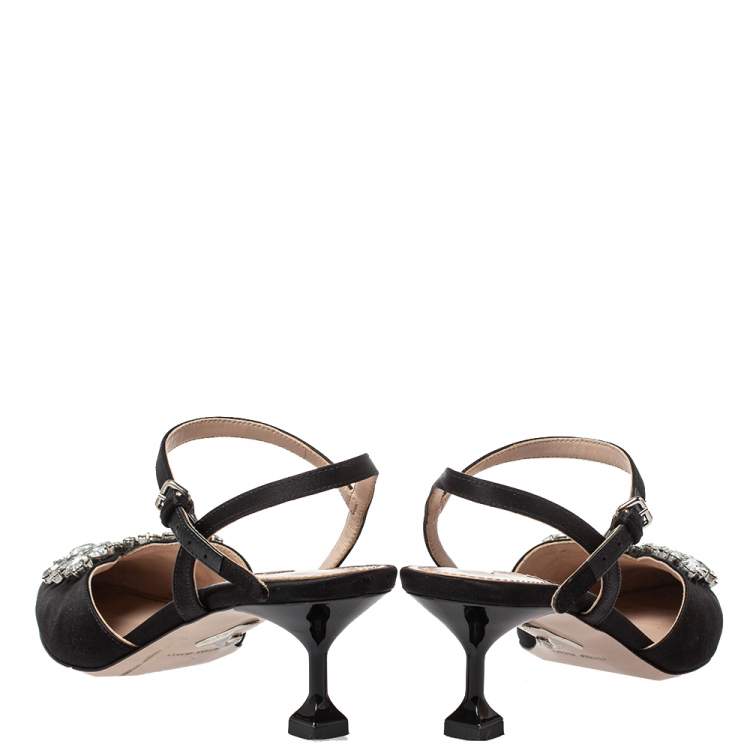 مملوكة مسبقًا Miu Miu Black Satin Crystal Embellished Kitten Heel Ankle Strap Sandals Size 37