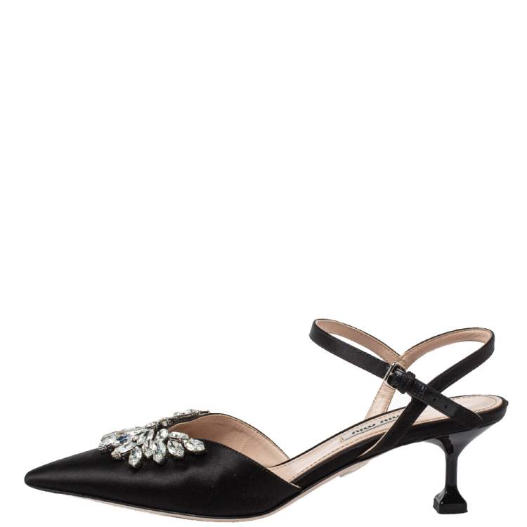 مملوكة مسبقًا Miu Miu Black Satin Crystal Embellished Kitten Heel Ankle Strap Sandals Size 37