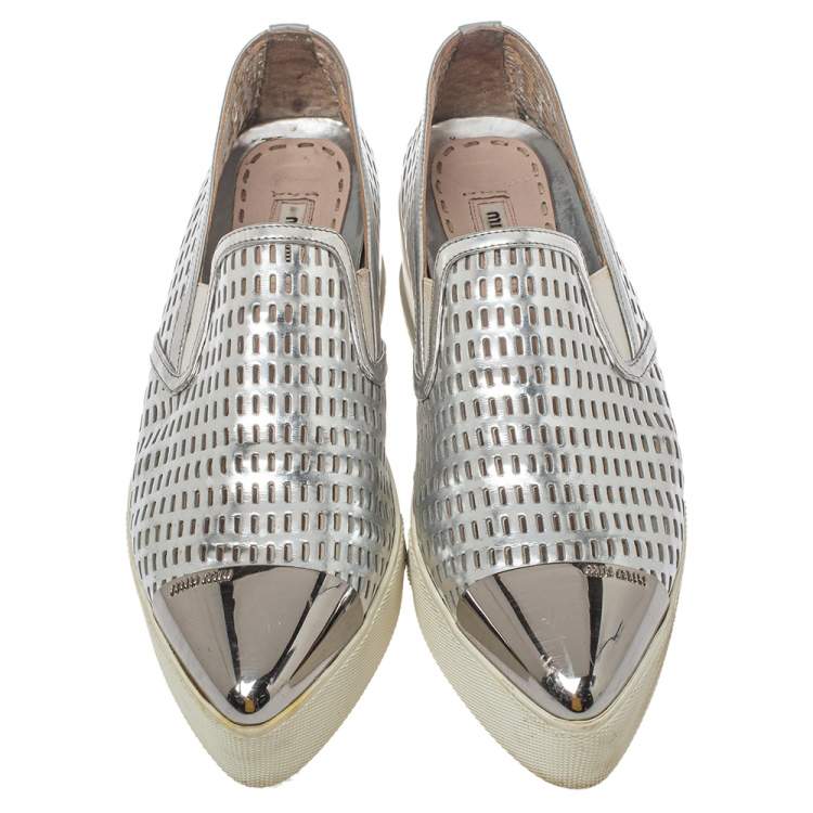Pre Owned Miu Miu Silver Perforated Leather Metal Cap Toe Platform Sneakers Size 39.5