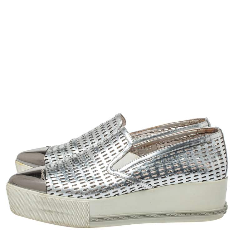 Pre Owned Miu Miu Silver Perforated Leather Metal Cap Toe Platform Sneakers Size 39.5