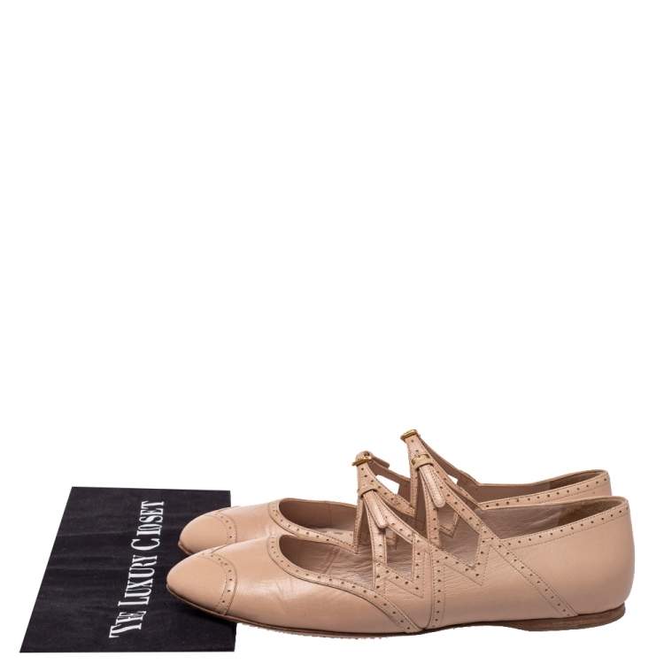 Pre Owned Miu Miu Beige Leather Criss Cross Ballerina Flats Size 40.5
