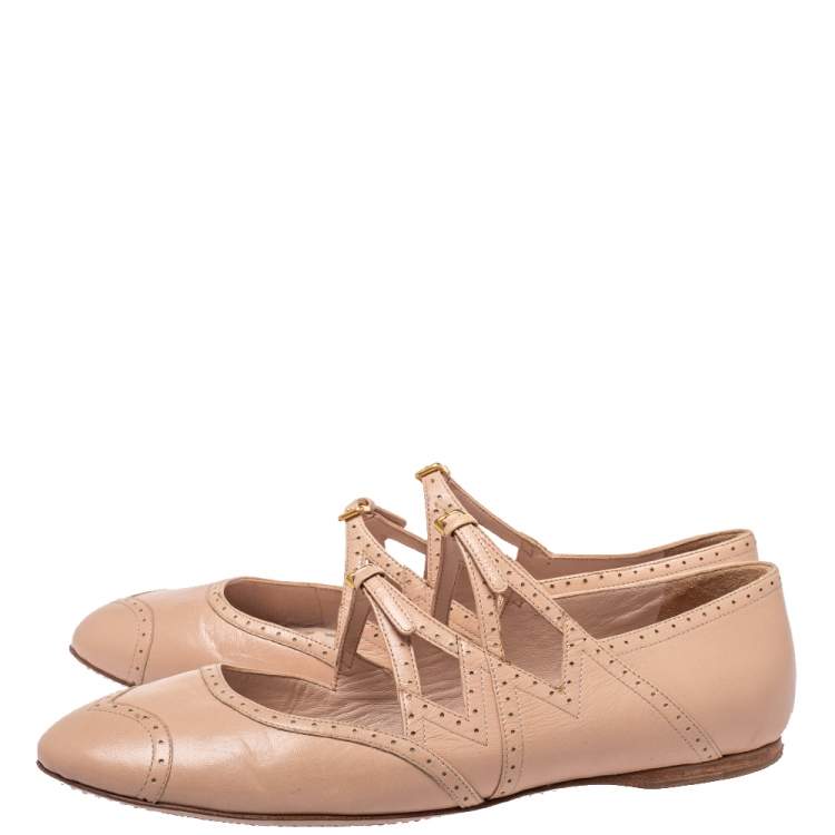 Pre Owned Miu Miu Beige Leather Criss Cross Ballerina Flats Size 40.5