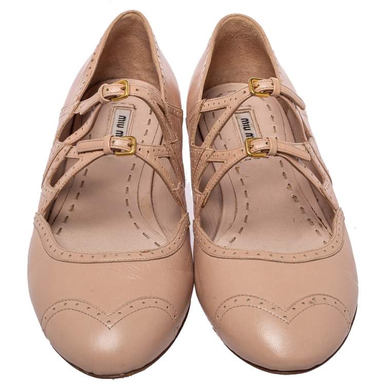 Pre Owned Miu Miu Beige Leather Criss Cross Ballerina Flats Size 40.5