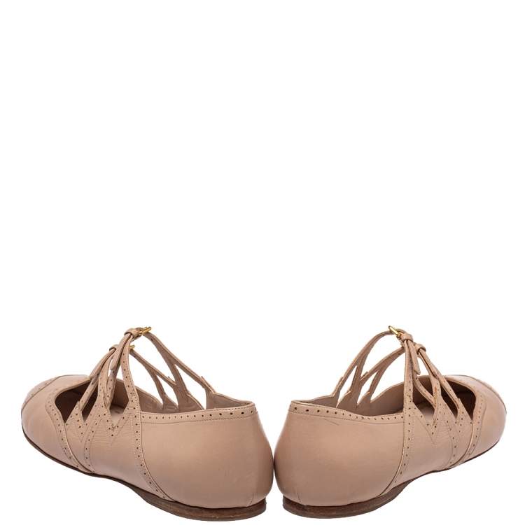 Pre Owned Miu Miu Beige Leather Criss Cross Ballerina Flats Size 40.5