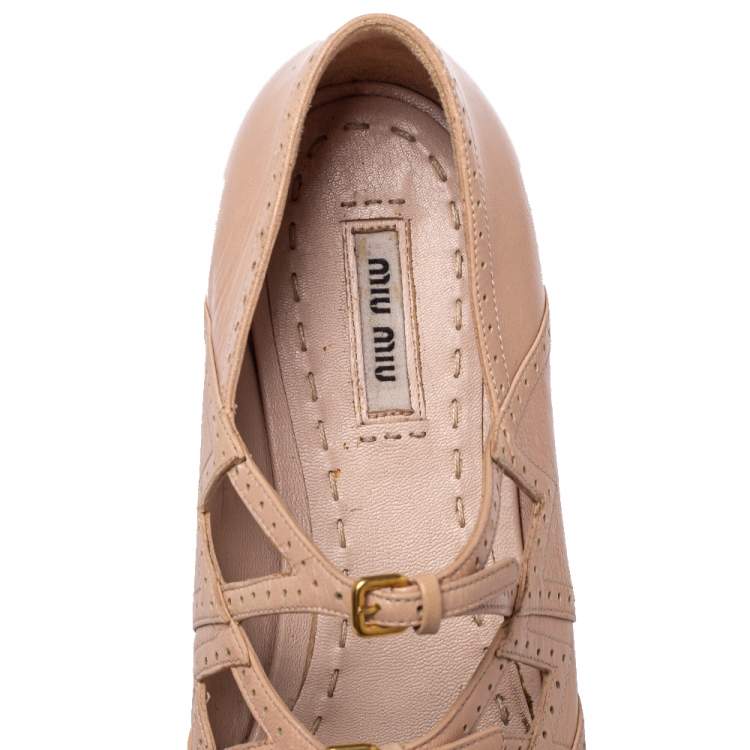 Pre Owned Miu Miu Beige Leather Criss Cross Ballerina Flats Size 40.5