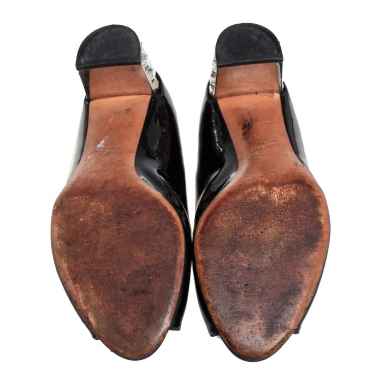 مملوكة مسبقًا Miu Miu Black Patent Leather Crystal Embellished Block Heel Peep Toe Pumps Size 38