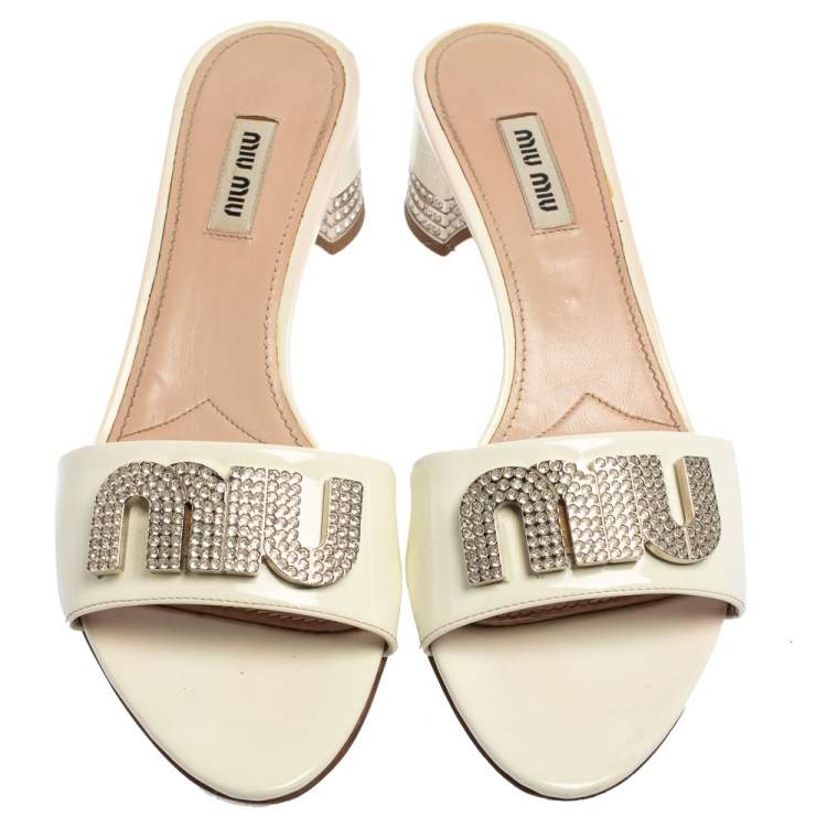 Pre Owned Miu Miu White Patent Leather Embellished Sandals Size 37.5