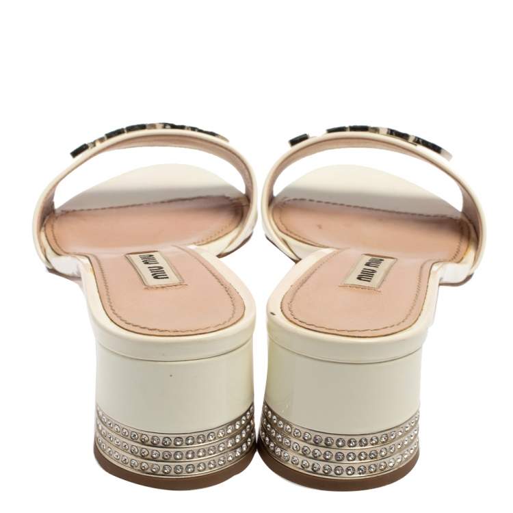 Pre Owned Miu Miu White Patent Leather Embellished Sandals Size 37.5