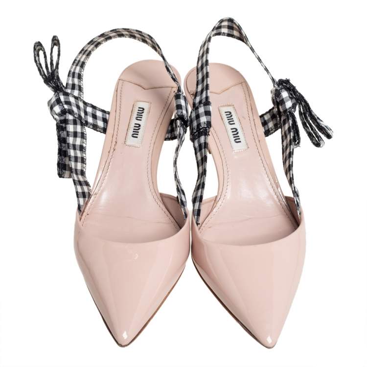 Pre Owned Miu Miu Beige Patent Leather And Fabric Slingback Sandals Size 36
