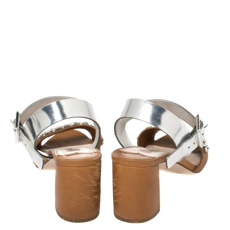 Pre Owned Miu Miu Brown/Metallic Silver Patent Leather and Leather Crystal Embellished Block Heel Ankle Strap Sandals Size 38.5