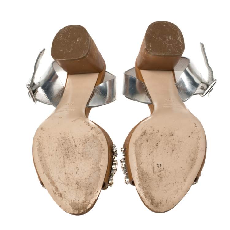 Pre Owned Miu Miu Brown/Metallic Silver Patent Leather and Leather Crystal Embellished Block Heel Ankle Strap Sandals Size 38.5