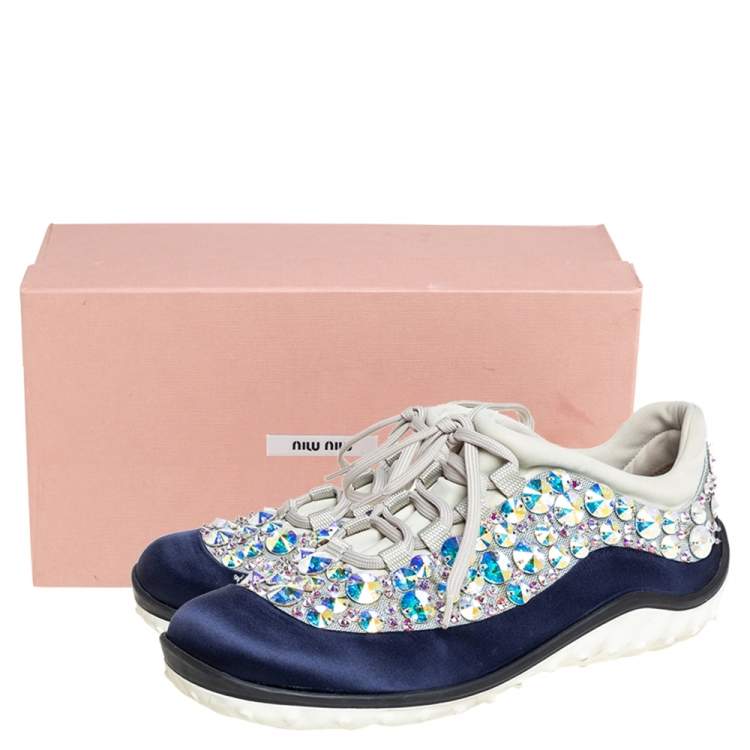 Pre Owned Miu Miu Blue/Grey Satin And Mesh Astro Low Top Sneakers Size 37