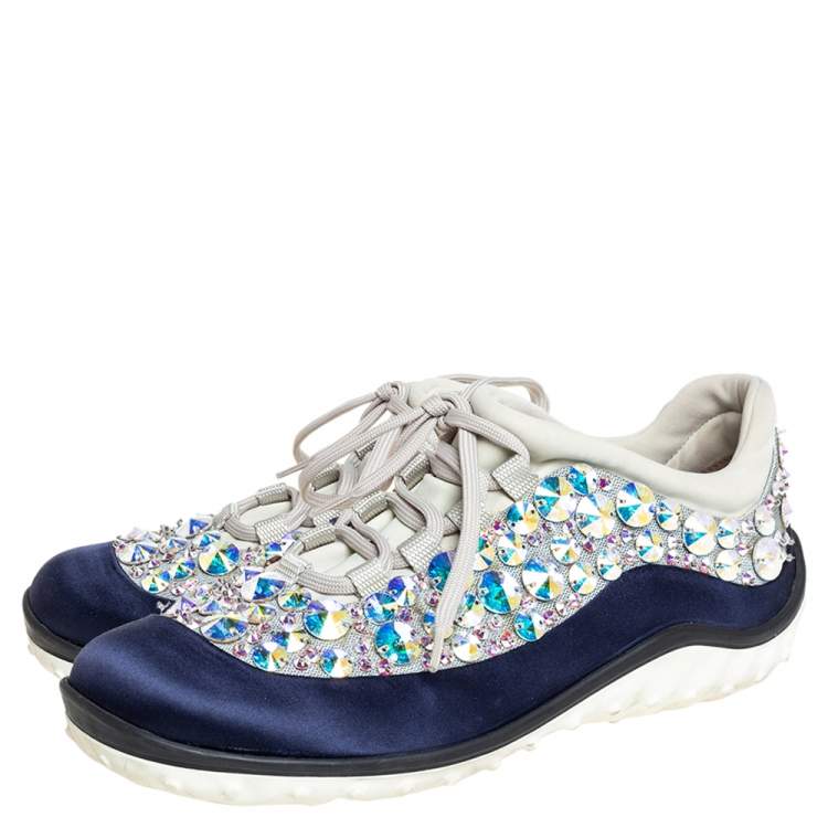 Pre Owned Miu Miu Blue/Grey Satin And Mesh Astro Low Top Sneakers Size 37