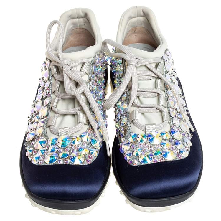 Pre Owned Miu Miu Blue/Grey Satin And Mesh Astro Low Top Sneakers Size 37