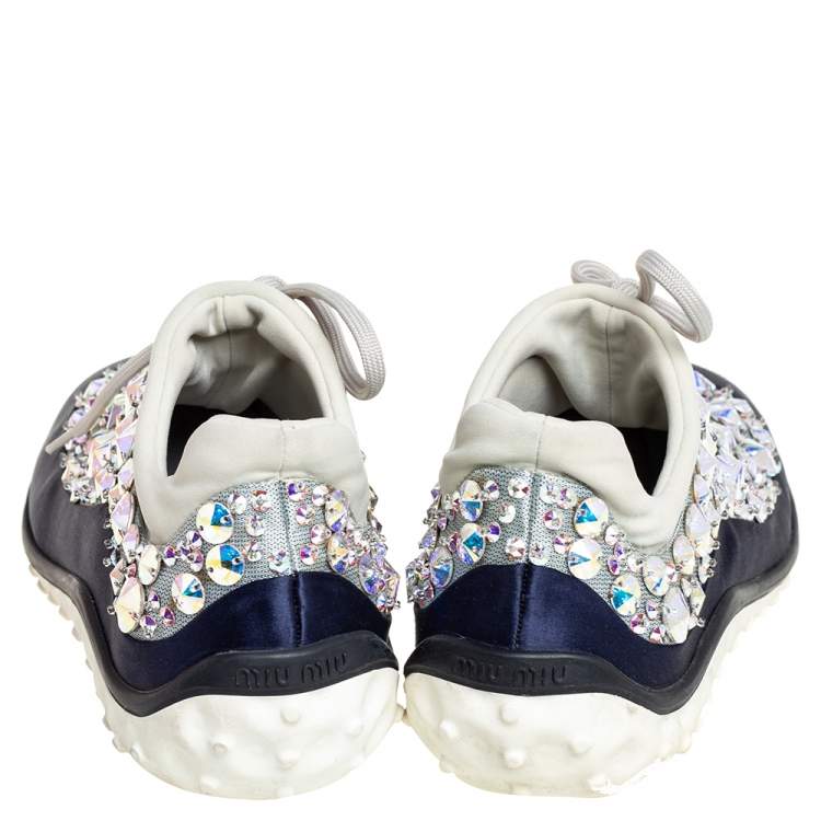 Pre Owned Miu Miu Blue/Grey Satin And Mesh Astro Low Top Sneakers Size 37