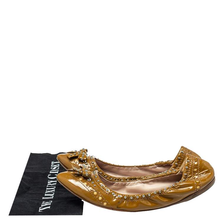 Pre Owned Miu Miu Brown Patent Leather Studded Ballet Flats Size 41