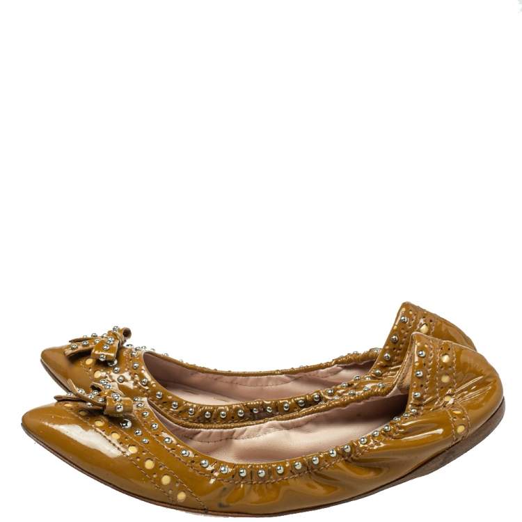 Pre Owned Miu Miu Brown Patent Leather Studded Ballet Flats Size 41