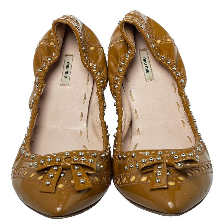 Pre Owned Miu Miu Brown Patent Leather Studded Ballet Flats Size 41
