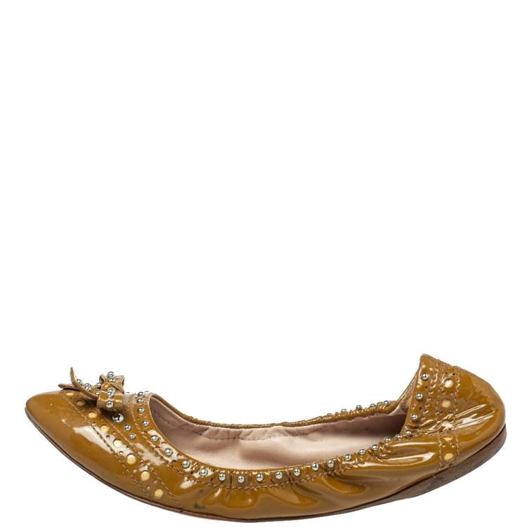 Pre Owned Miu Miu Brown Patent Leather Studded Ballet Flats Size 41