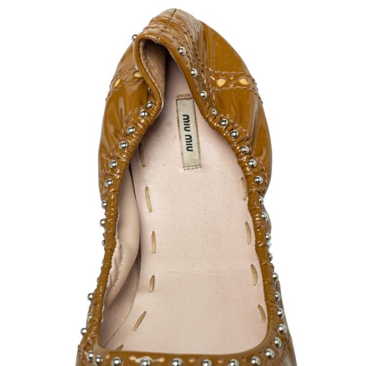 Pre Owned Miu Miu Brown Patent Leather Studded Ballet Flats Size 41