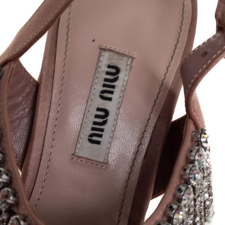 Pre Owned Miu Miu Beige Satin Embellished Platform Sandals Size 38.5