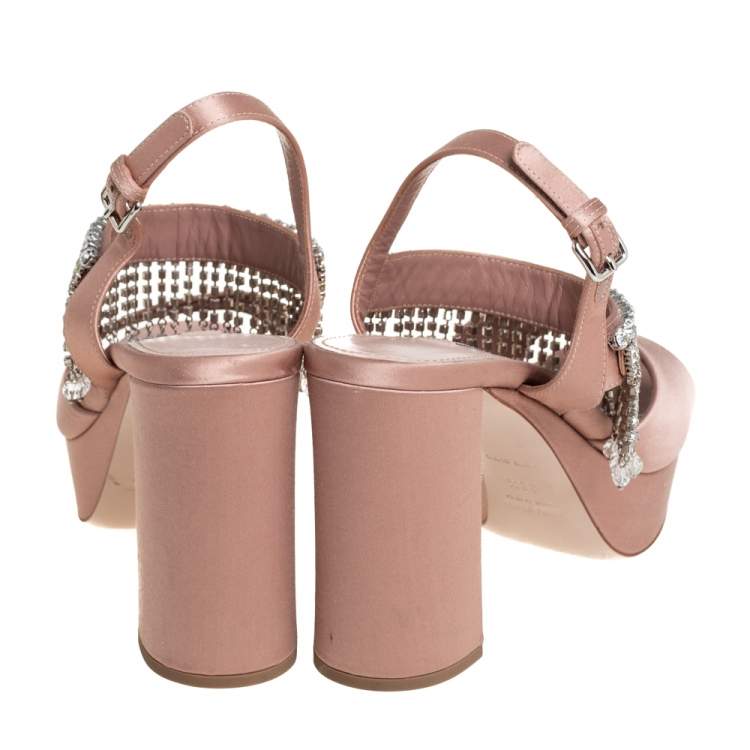 Pre Owned Miu Miu Beige Satin Embellished Platform Sandals Size 38.5